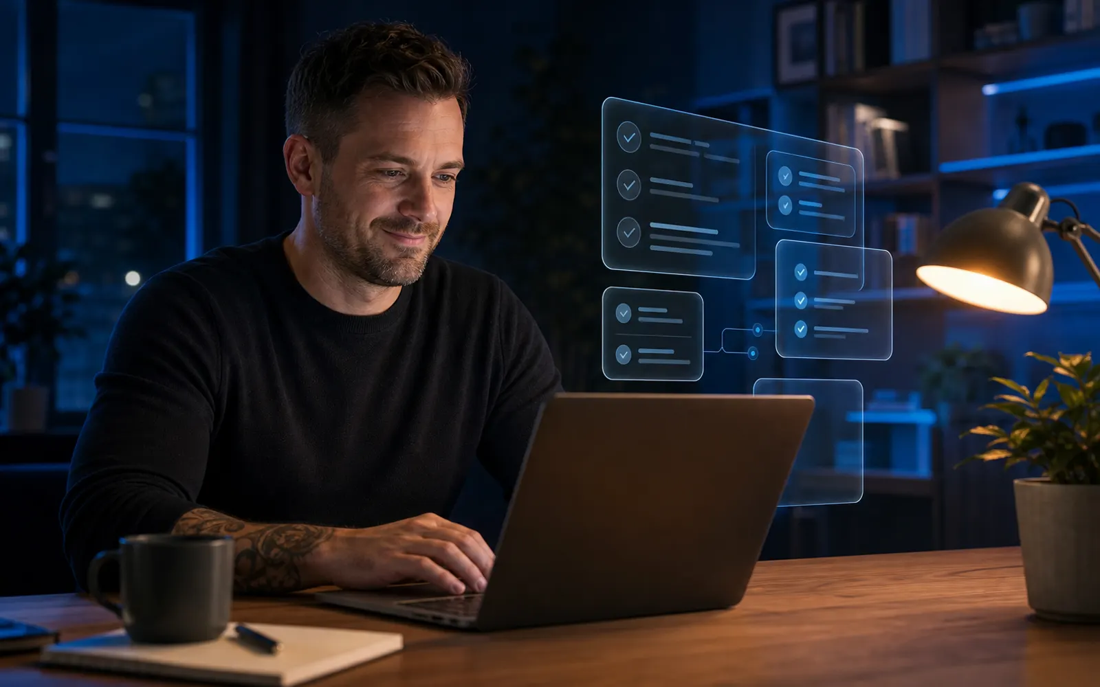 Mann am Laptop mit gläsernen Aufgaben-Panels als Symbol für einen eigenen KI-Assistenten